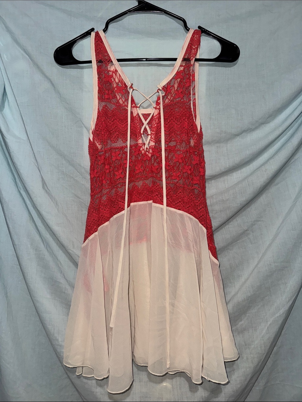Red Lace Bodice Mini Dress/Tunic with Cream Chiffon Skirt